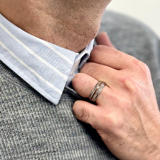 “Primal” Tungsten Carbide Silver Ring 8mm w/ Asymmetrical Whiskey Barrel and Naturally Shed Deer Antler