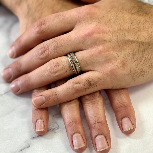 “Primal” Tungsten Carbide Silver Ring 8mm w/ Asymmetrical Whiskey Barrel and Naturally Shed Deer Antler