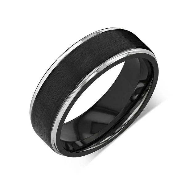 "CHROMATIC" Tungsten Carbide Black Ring 8mm w/ Silver Edges - Pristine Pieces By Amy