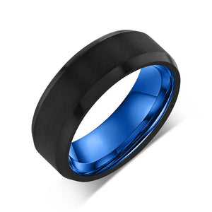 "CHROMATIC" Tungsten Carbide Black Ring 8mm w/ Stepped Edges and Blue Inside - Pristine Pieces By Amy