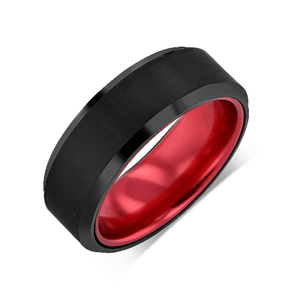 "CHROMATIC" Tungsten Carbide Black Ring 8mm w/ Stepped Edges and Red Inside - Pristine Pieces By Amy