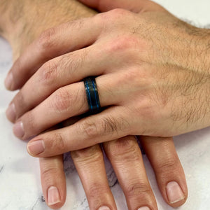 "CHROMATIC" Tungsten Carbide Black Ring 8mm w/ Two Blue Lines - Pristine Pieces By Amy