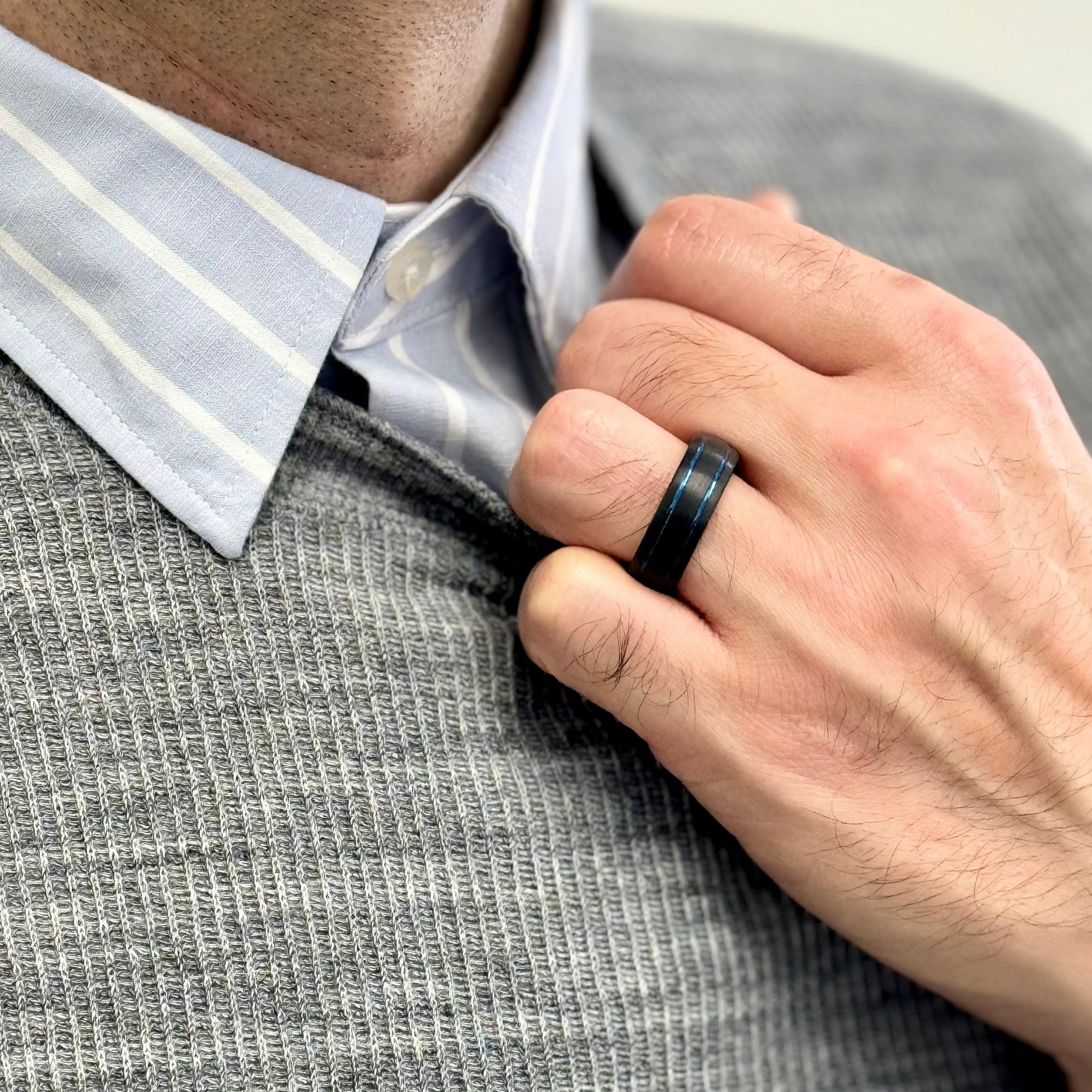 "CHROMATIC" Tungsten Carbide Black Ring 8mm w/ Two Blue Lines - Pristine Pieces By Amy