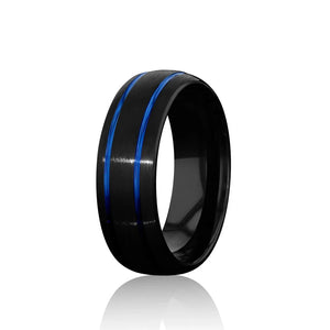 "CHROMATIC" Tungsten Carbide Black Ring 8mm w/ Two Blue Lines - Pristine Pieces By Amy