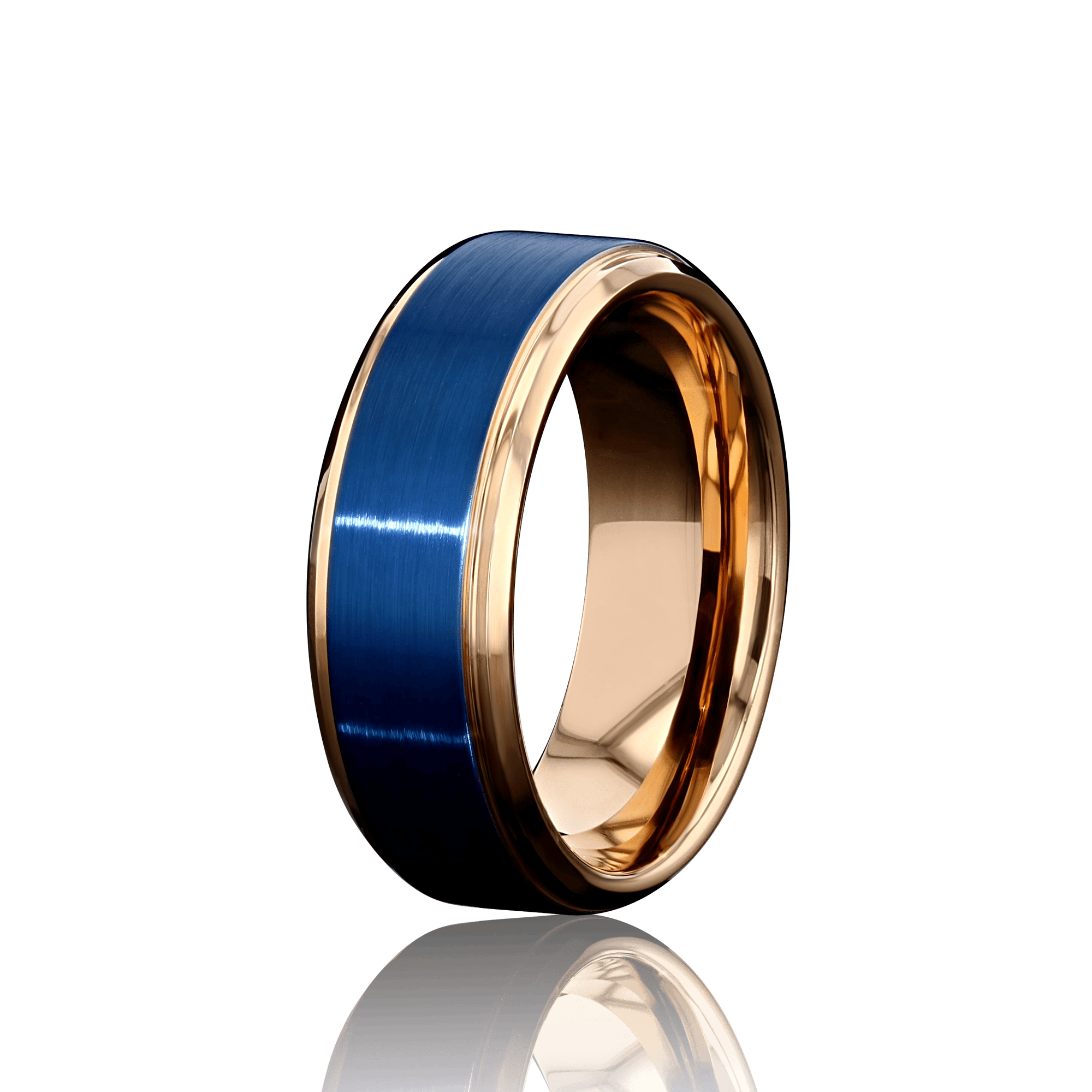 "CHROMATIC" Tungsten Carbide Rose Gold Ring 8mm w/ Blue Middle - Pristine Pieces By Amy