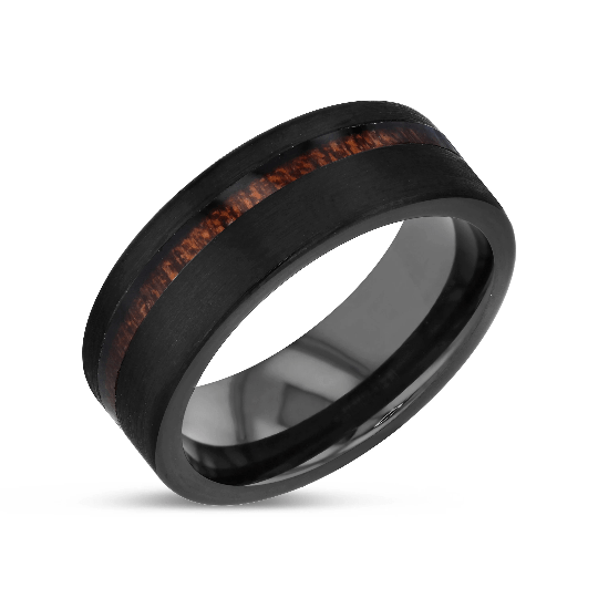 "DIVERGENT " Tungsten Carbide Black Ring 8mm w/ Asymmetrical Koa Wood - Pristine Pieces By Amy