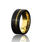 "DIVERGENT" Tungsten Carbide Black Ring 8mm w/ Asymmetrical Yellow Gold Line - Pristine Pieces By Amy