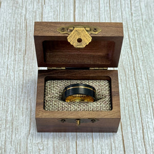 "DIVERGENT" Tungsten Carbide Black Ring 8mm w/ Asymmetrical Yellow Gold Line - Pristine Pieces By Amy