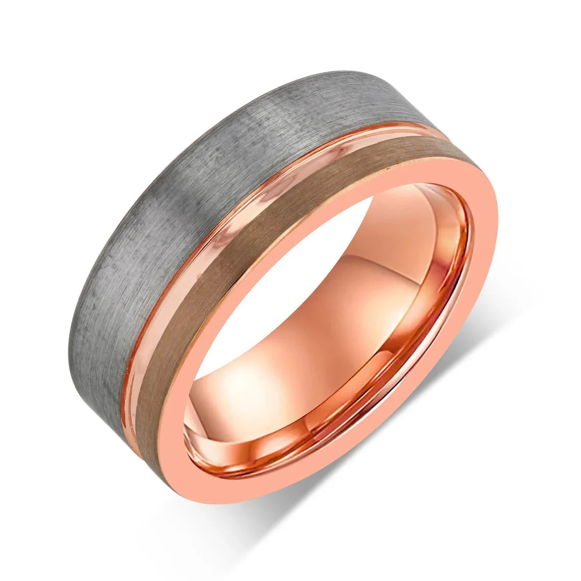 "DIVERGENT" Tungsten Carbide Brushed Silver Ring 8mm w/ Asymmetrical Rose Gold Line and Brushed Rose Gold - Pristine Pieces By Amy
