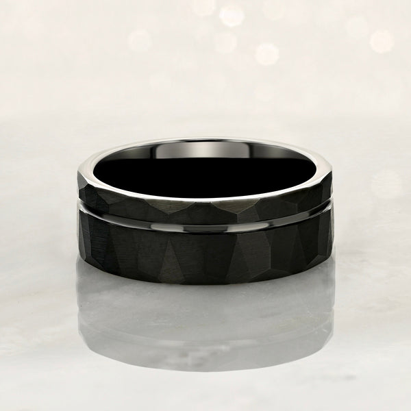 "ECLIPSE" Tungsten Carbide Black Hammered Ring 8mm w/ Asymmetrical Solid Black Line - Pristine Pieces By Amy