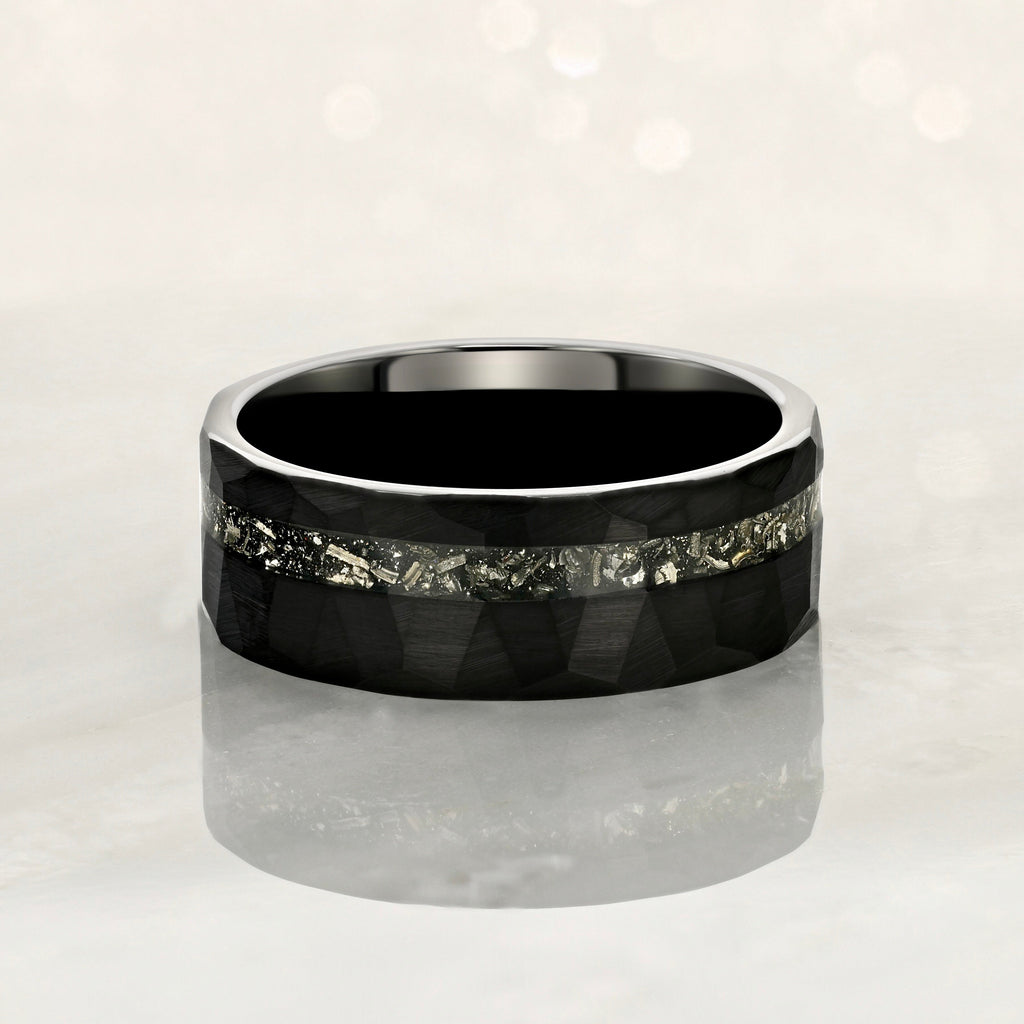 "ECLIPSE" Tungsten Carbide Black Hammered Ring 8mm w/ Crushed Meteorite - Pristine Pieces By Amy
