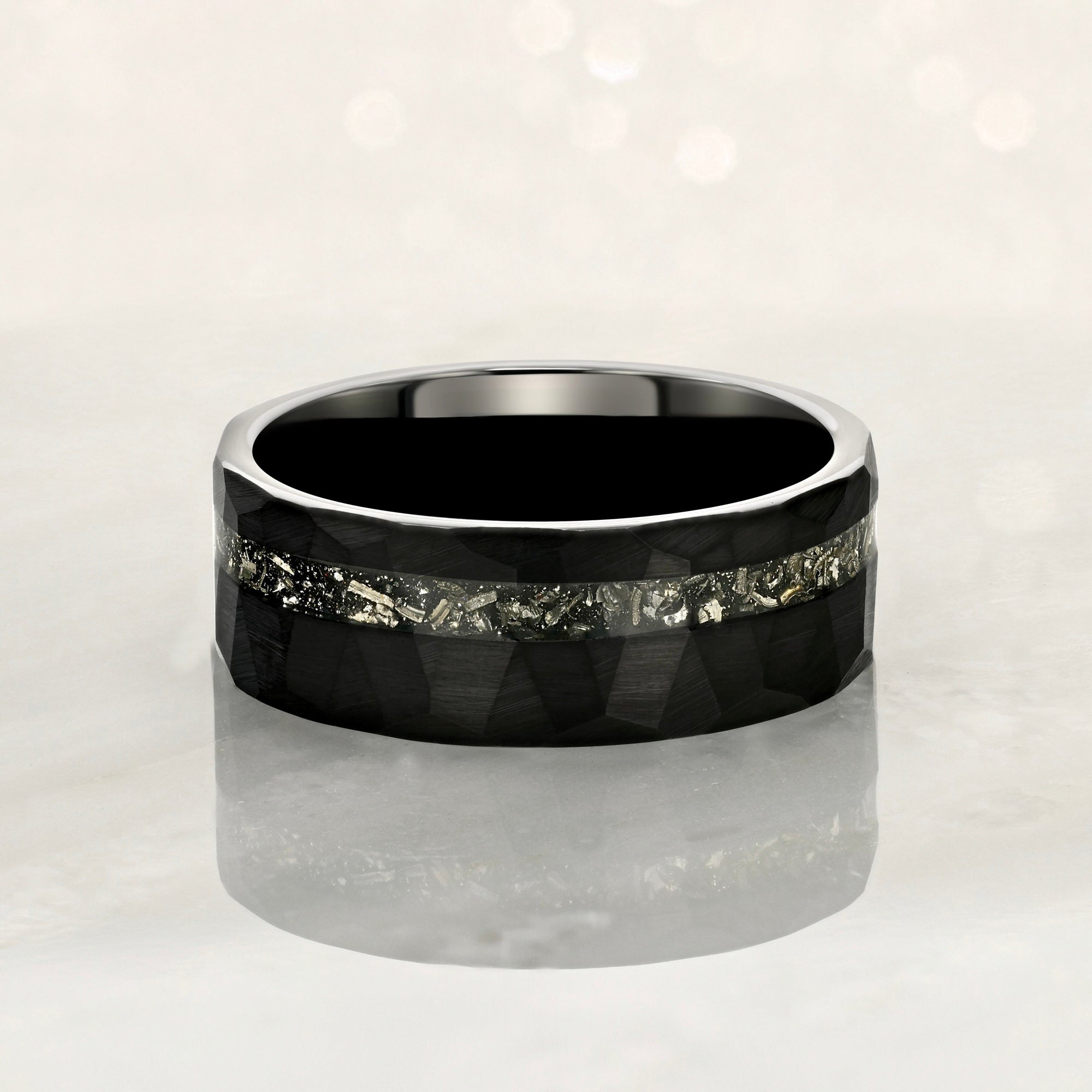 "ECLIPSE" Tungsten Carbide Black Hammered Ring 8mm w/ Crushed Meteorite - Pristine Pieces By Amy