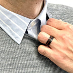 "ECLIPSE" Tungsten Carbide Black Hammered Ring 8mm w/ Fossilized Dinosaur Bone - Pristine Pieces By Amy