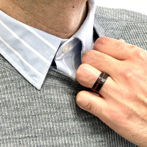 "ECLIPSE" Tungsten Carbide Black Hammered Ring 8mm w/ Fossilized Dinosaur Bone - Pristine Pieces By Amy