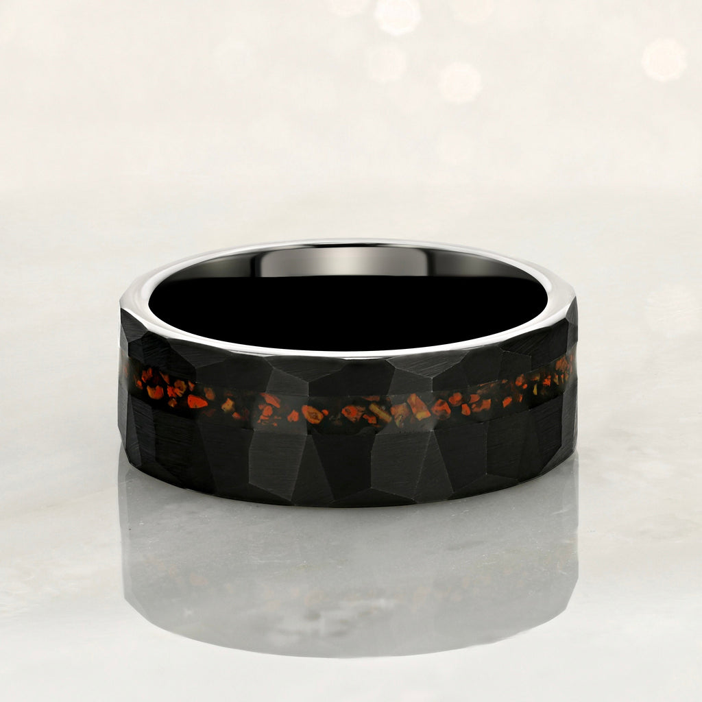 "ECLIPSE" Tungsten Carbide Black Hammered Ring 8mm w/ Fossilized Dinosaur Bone - Pristine Pieces By Amy