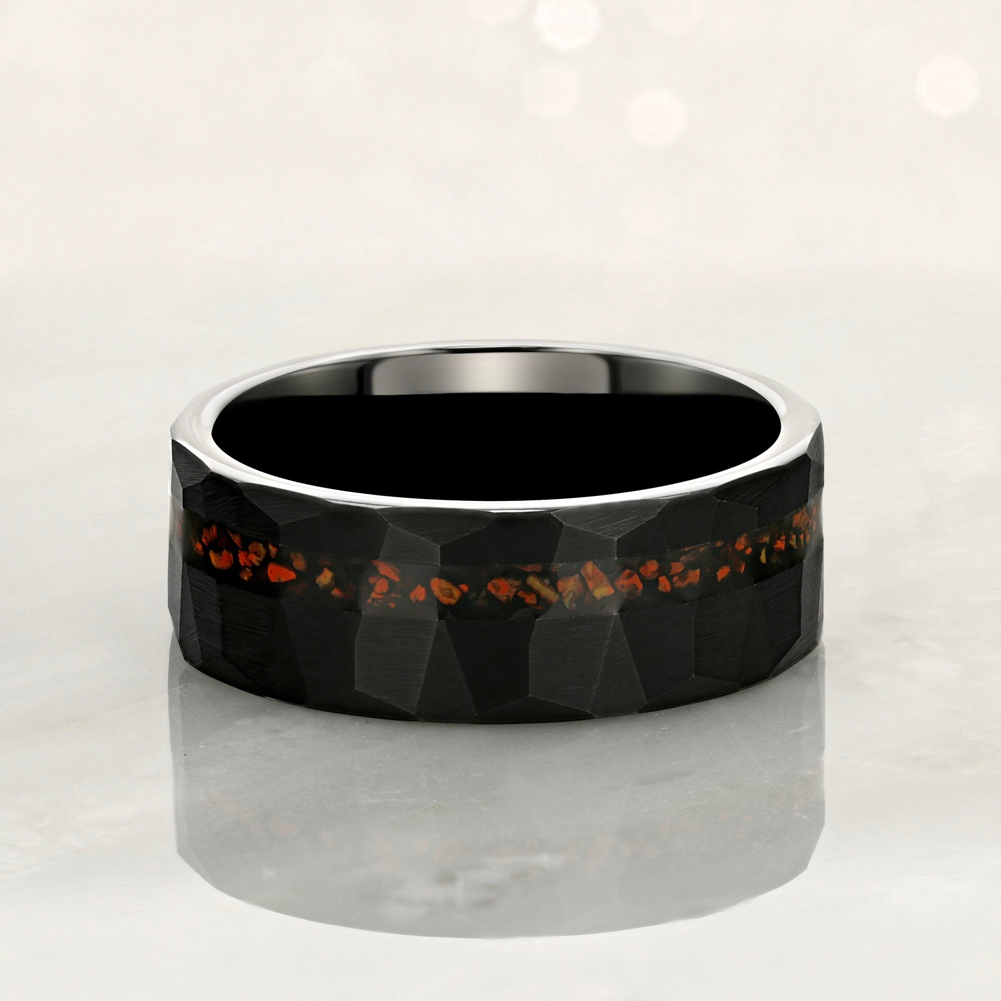 "ECLIPSE" Tungsten Carbide Black Hammered Ring 8mm w/ Fossilized Dinosaur Bone - Pristine Pieces By Amy