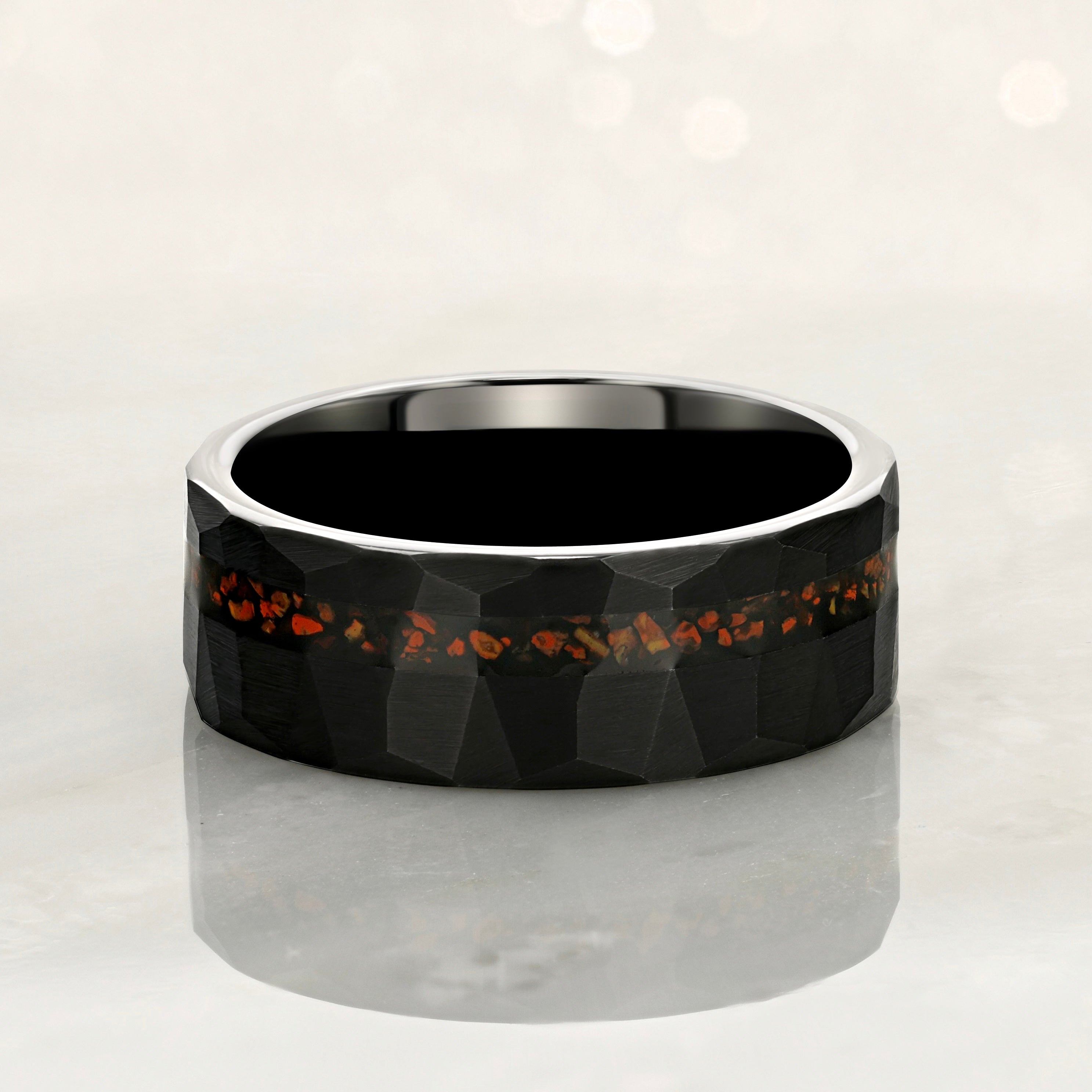 "ECLIPSE" Tungsten Carbide Black Hammered Ring 8mm w/ Fossilized Dinosaur Bone - Pristine Pieces By Amy