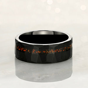 "ECLIPSE" Tungsten Carbide Black Hammered Ring 8mm w/ Fossilized Dinosaur Bone - Pristine Pieces By Amy