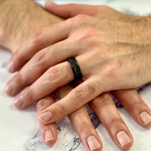 "ECLIPSE" Tungsten Carbide Black Hammered Ring 8mm w/ Fossilized Dinosaur Bone - Pristine Pieces By Amy