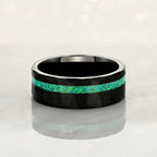 "ECLIPSE" Tungsten Carbide Black Hammered Ring 8mm w/ Green Opal - Pristine Pieces By Amy