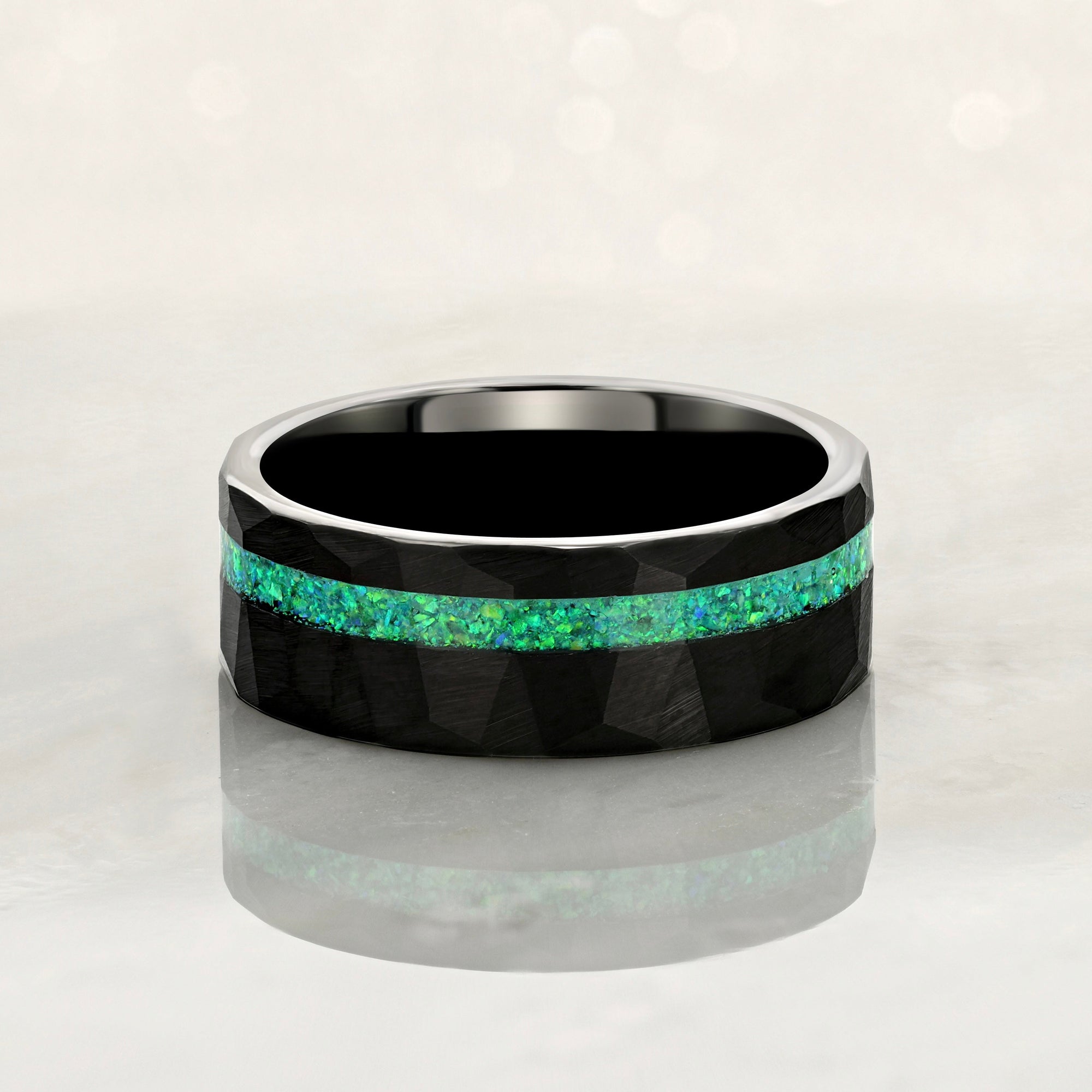 "ECLIPSE" Tungsten Carbide Black Hammered Ring 8mm w/ Green Opal - Pristine Pieces By Amy