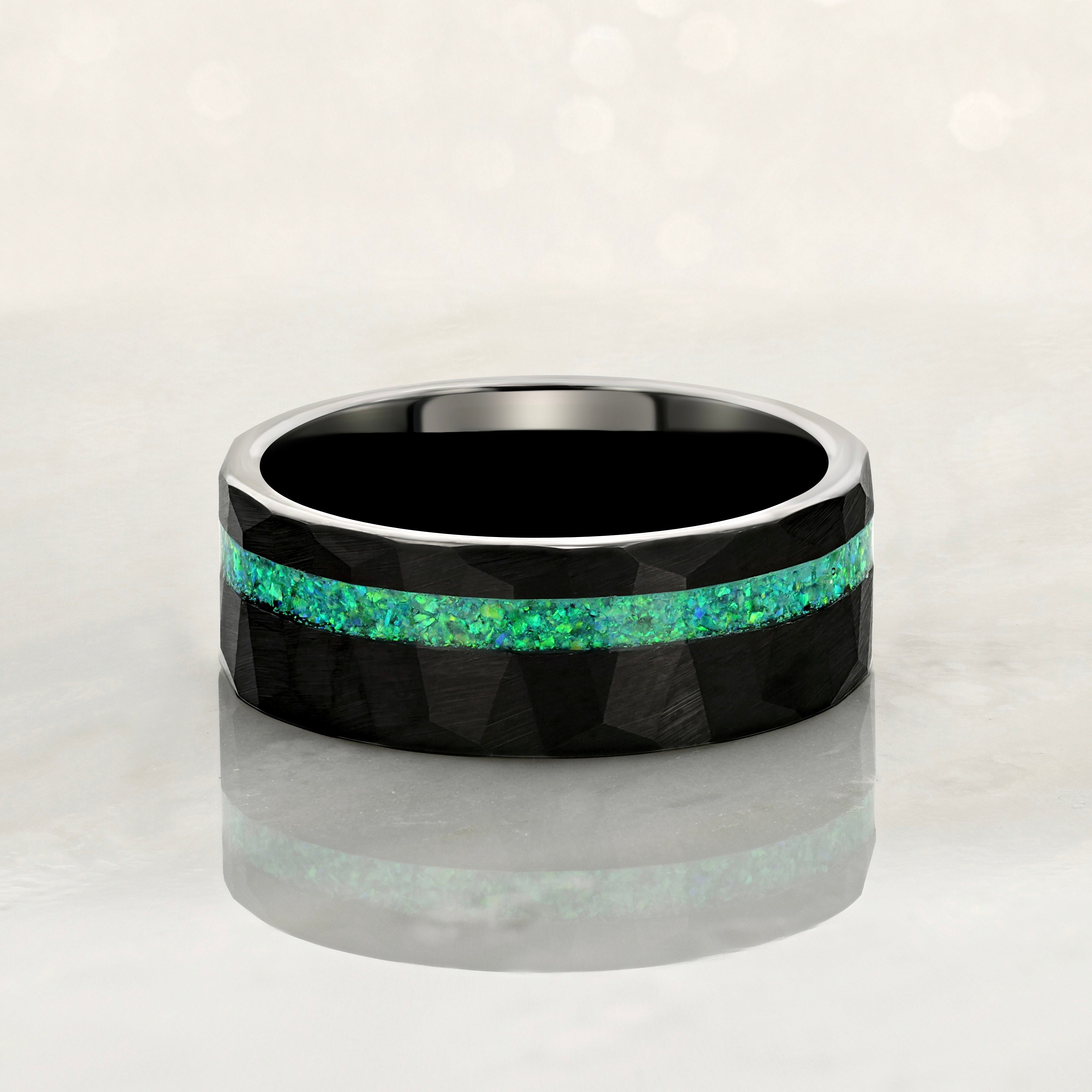 "ECLIPSE" Tungsten Carbide Black Hammered Ring 8mm w/ Green Opal - Pristine Pieces By Amy