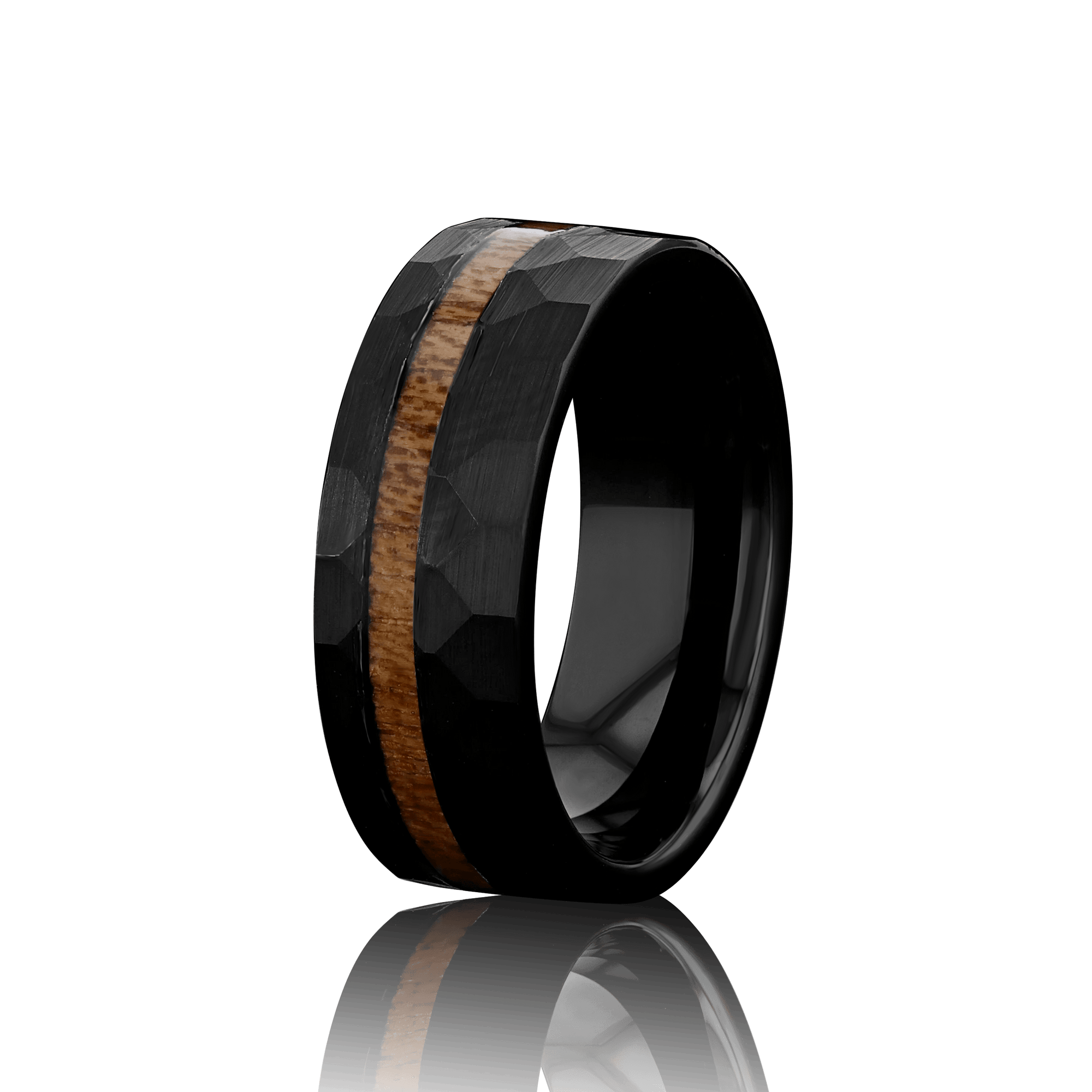 "ECLIPSE" Tungsten Carbide Black Hammered Ring 8mm w/ Koa Wood - Pristine Pieces By Amy