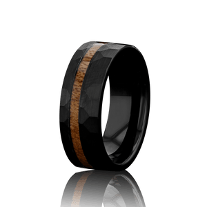 "ECLIPSE" Tungsten Carbide Black Hammered Ring 8mm w/ Koa Wood - Pristine Pieces By Amy