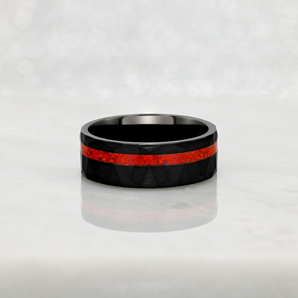 "ECLIPSE" Tungsten Carbide Black Hammered Ring 8mm w/ Red Opal - Pristine Pieces By Amy