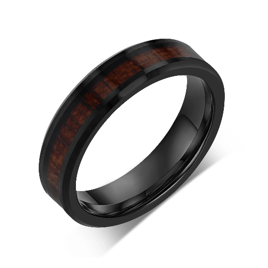 "ELEMENTAL"Tungsten Carbide Black Ring 6mm w/ Koa Wood - Pristine Pieces By Amy