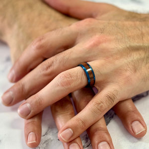 "ELEMENTAL"Tungsten Carbide Blue Ring 8mm w/ Koa Wood - Pristine Pieces By Amy