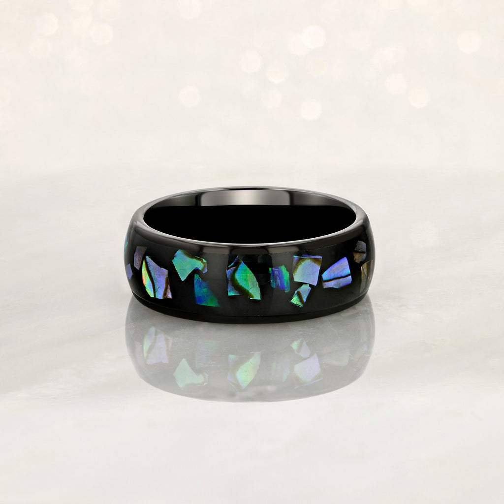 "ENIGMA" Tungsten Carbide Black Ring 8mm w/ Abalone Shell and Opal - Pristine Pieces By Amy