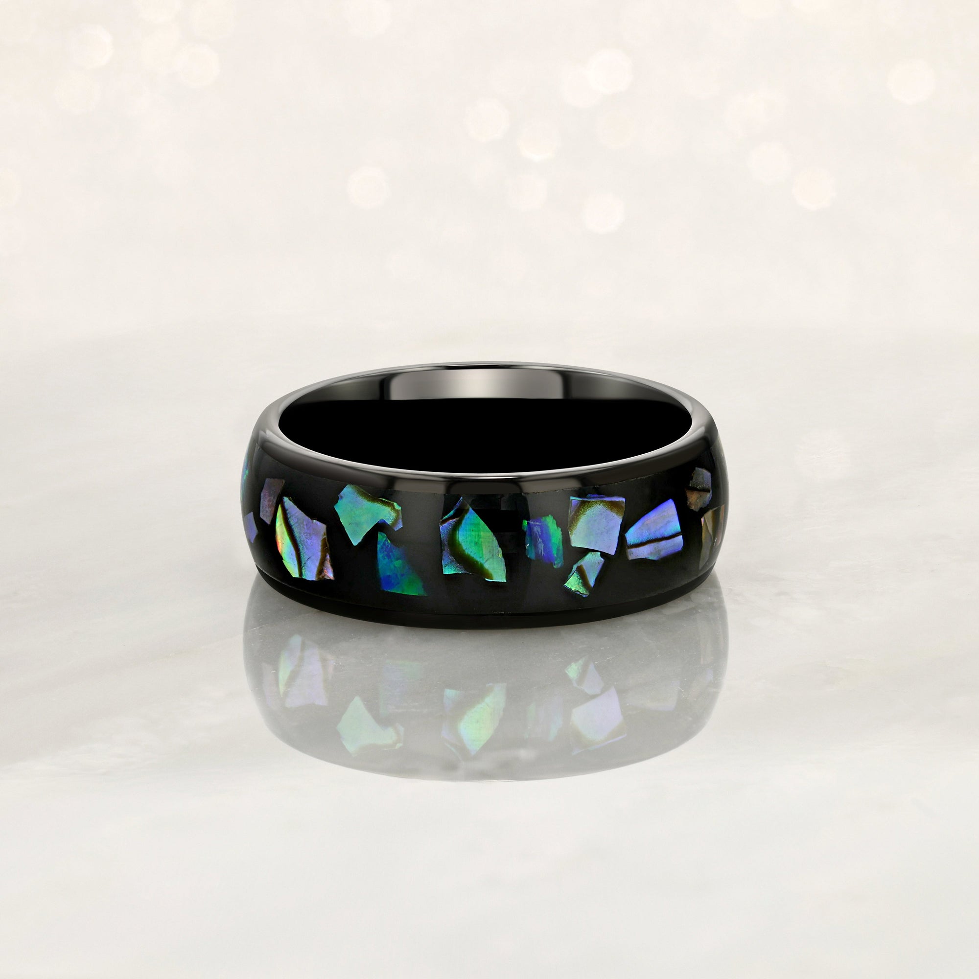 "ENIGMA" Tungsten Carbide Black Ring 8mm w/ Abalone Shell and Opal - Pristine Pieces By Amy