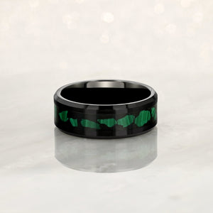 "ENIGMA" Tungsten Carbide Black Ring 8mm w/ Malachite - Pristine Pieces By Amy