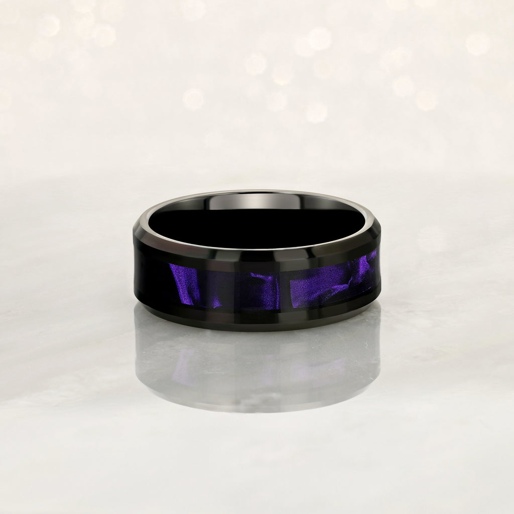 "ENIGMA" Tungsten Carbide Black Ring 8mm w/ Purple Agate - Pristine Pieces By Amy