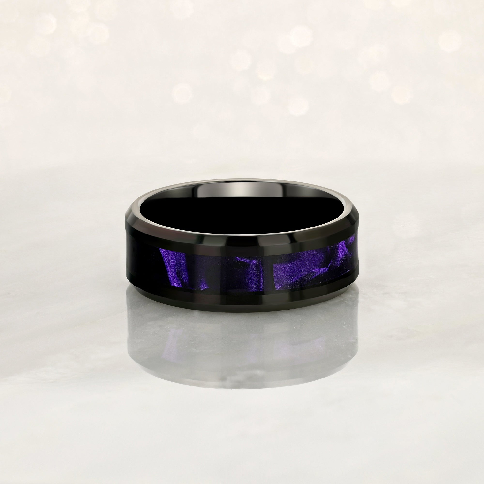 "ENIGMA" Tungsten Carbide Black Ring 8mm w/ Purple Agate - Pristine Pieces By Amy