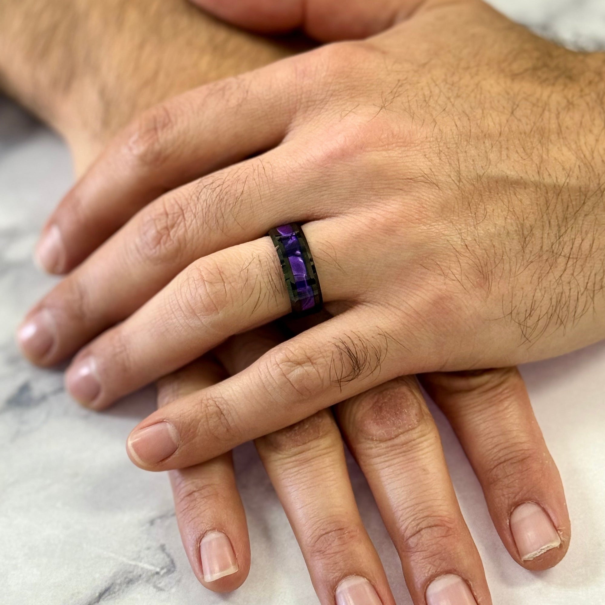 "ENIGMA" Tungsten Carbide Black Ring 8mm w/ Purple Agate - Pristine Pieces By Amy