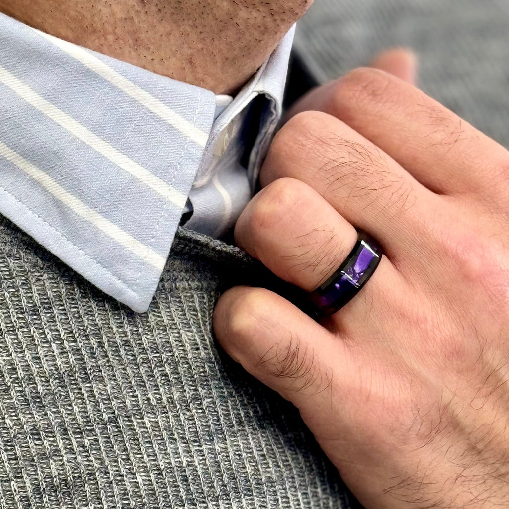 "ENIGMA" Tungsten Carbide Black Ring 8mm w/ Purple Agate - Pristine Pieces By Amy