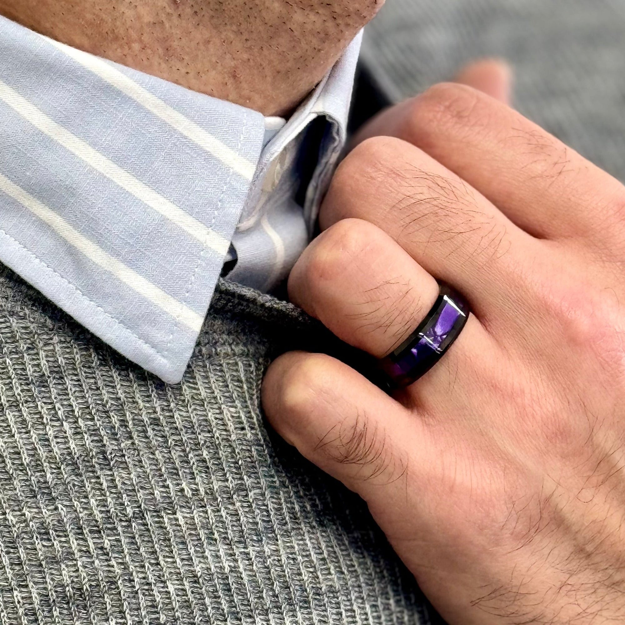 "ENIGMA" Tungsten Carbide Black Ring 8mm w/ Purple Agate - Pristine Pieces By Amy