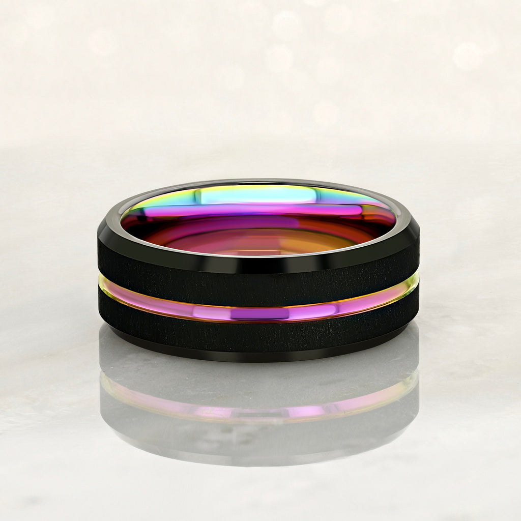 "EQUINOX" Tungsten Carbide Black Ring 8mm w/ Rainbow Middle Line - Pristine Pieces By Amy