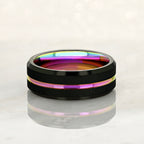 "EQUINOX" Tungsten Carbide Black Ring 8mm w/ Rainbow Middle Line - Pristine Pieces By Amy