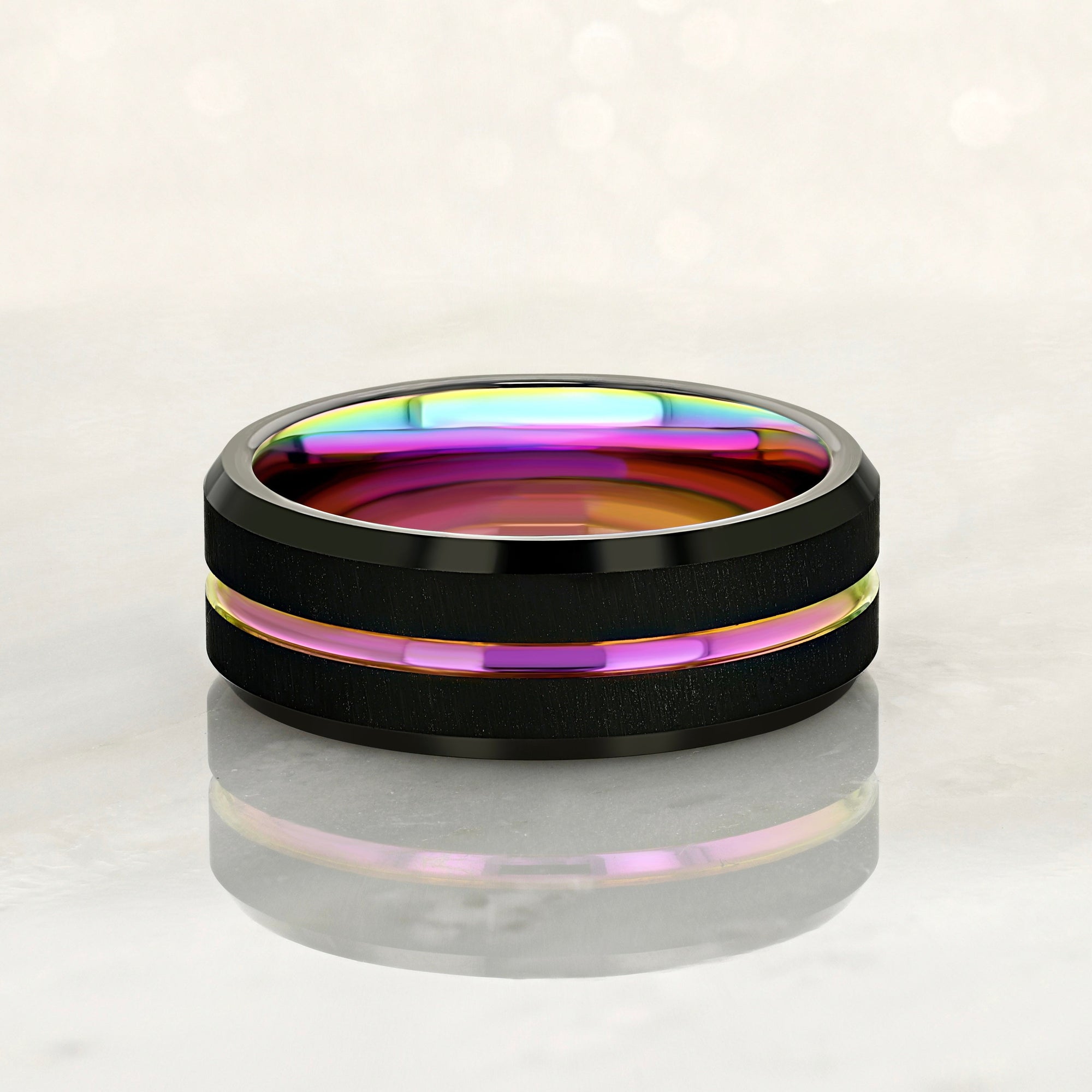 "EQUINOX" Tungsten Carbide Black Ring 8mm w/ Rainbow Middle Line - Pristine Pieces By Amy