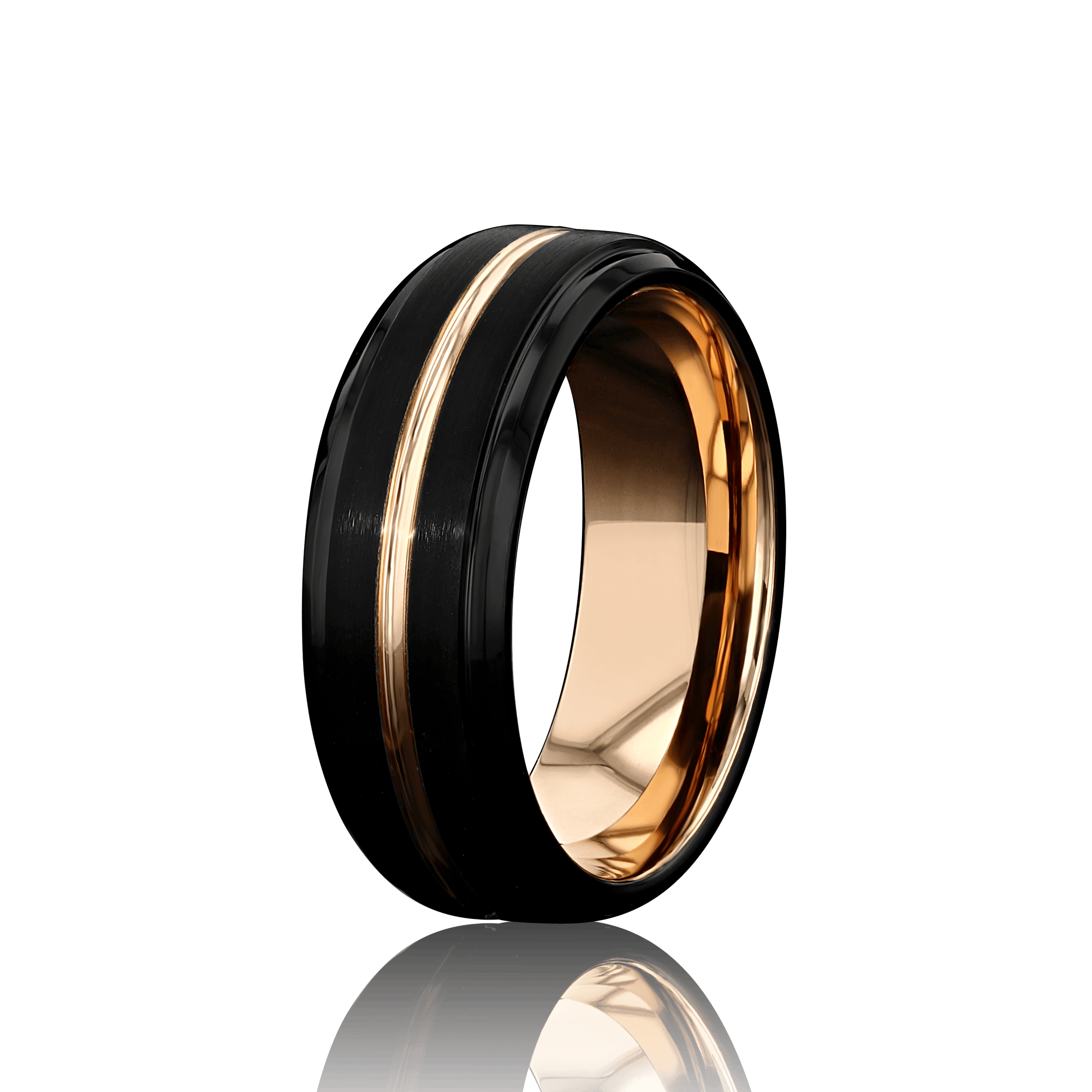 "EQUINOX" Tungsten Carbide Black Ring 8mm w/ Rose Gold Middle Line - Pristine Pieces By Amy