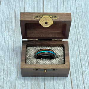 "HALO" Tungsten Carbide Black Ring 8mm w/ Blue Opal and Koa Wood - Pristine Pieces By Amy