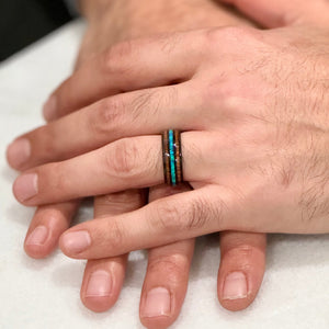 "HALO" Tungsten Carbide Black Ring 8mm w/ Blue Opal and Koa Wood - Pristine Pieces By Amy