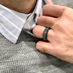 "HALO" Tungsten Carbide Black Ring 8mm w/ Blue Opal and Koa Wood - Pristine Pieces By Amy