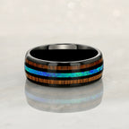 "HALO" Tungsten Carbide Black Ring 8mm w/ Blue Opal and Koa Wood - Pristine Pieces By Amy
