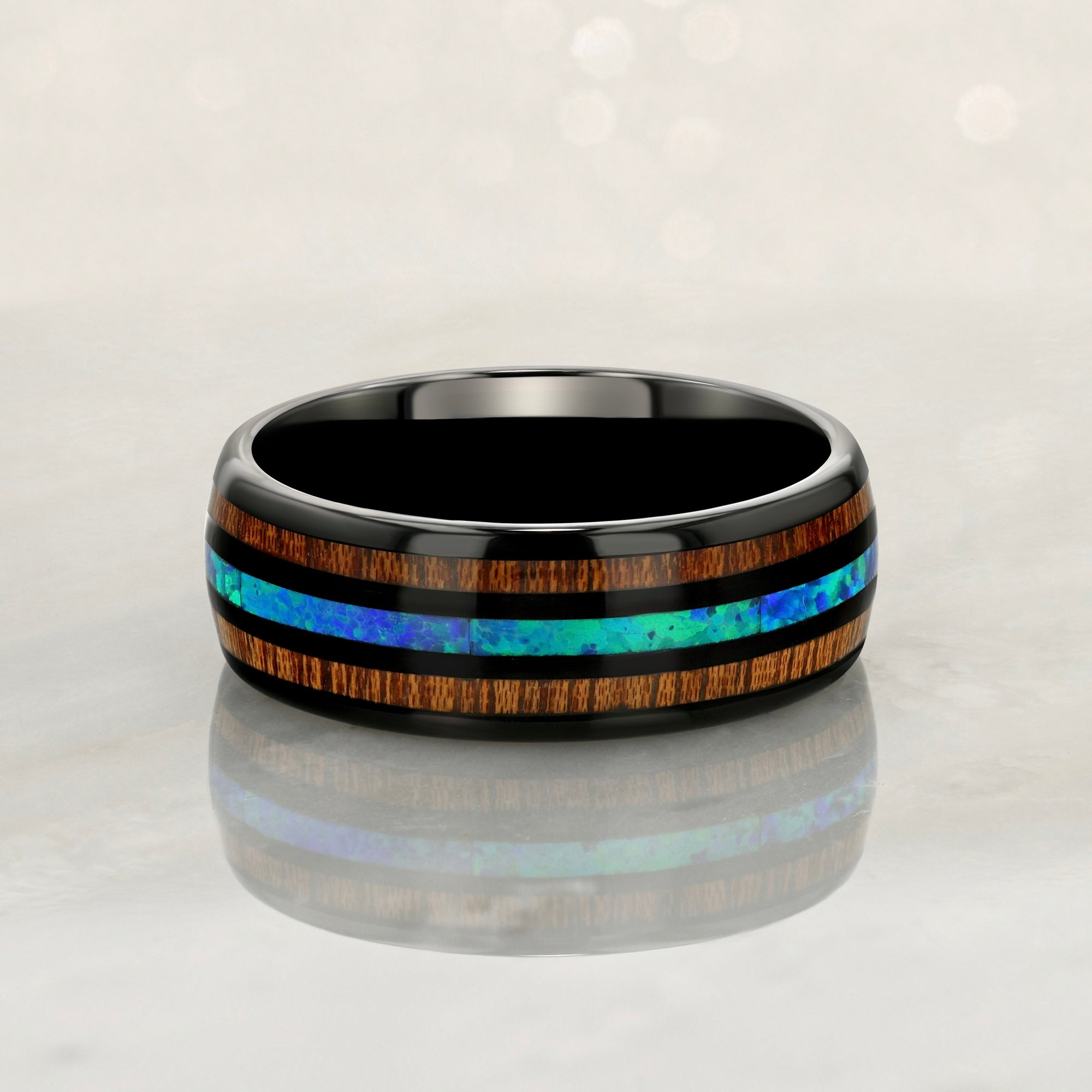 "HALO" Tungsten Carbide Black Ring 8mm w/ Blue Opal and Koa Wood - Pristine Pieces By Amy
