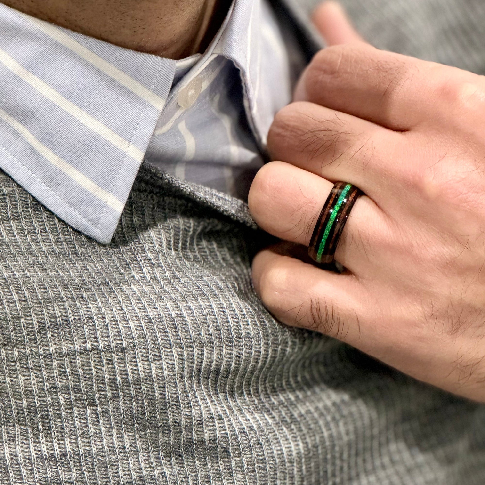 "HALO" Tungsten Carbide Black Ring 8mm w/ Green Opal and Koa Wood - Pristine Pieces By Amy