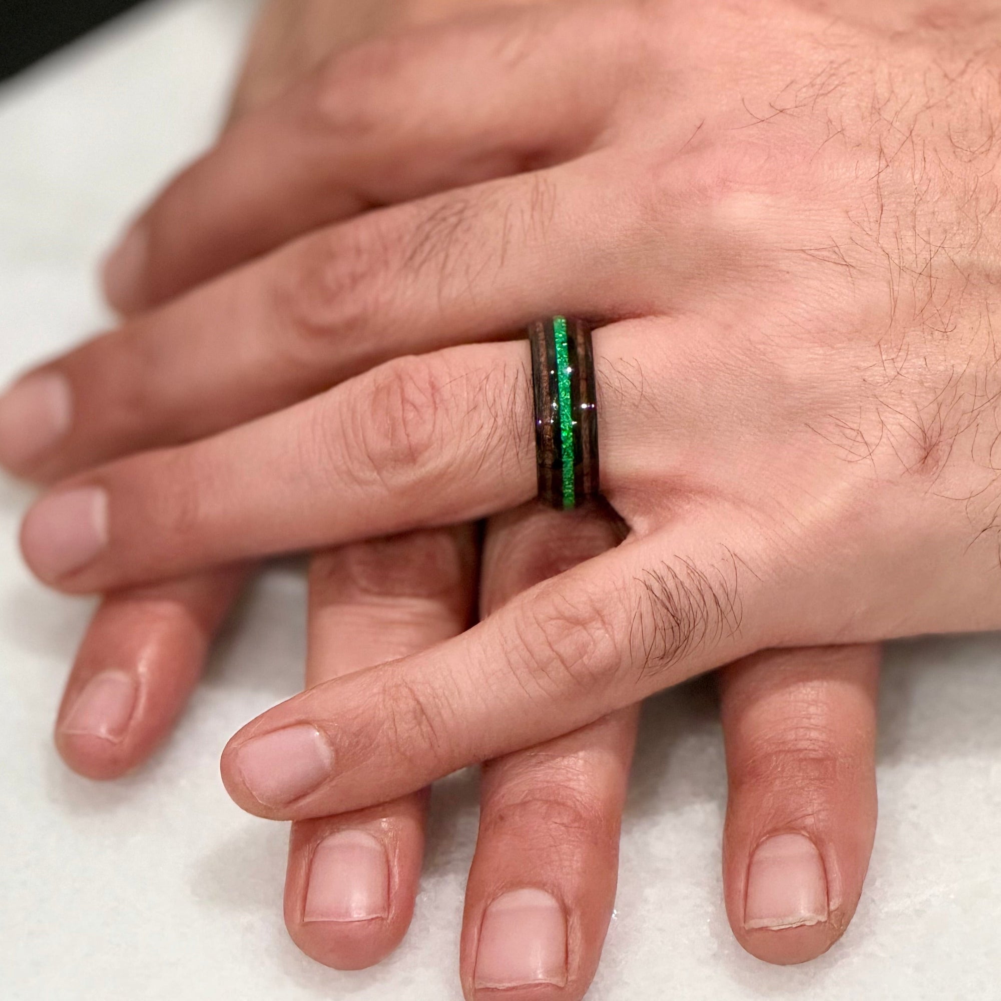 "HALO" Tungsten Carbide Black Ring 8mm w/ Green Opal and Koa Wood - Pristine Pieces By Amy
